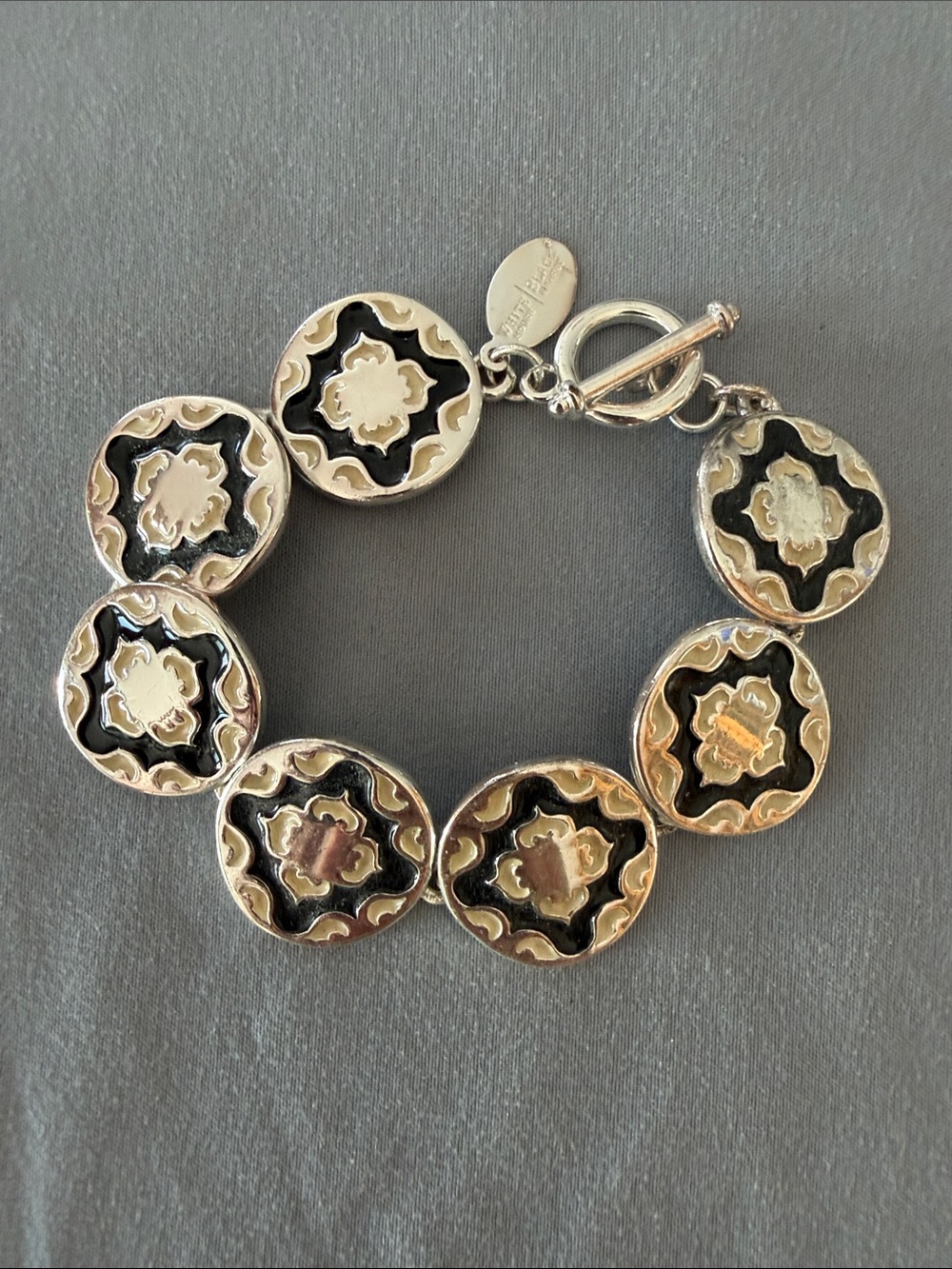 White House Black Market Silver-Tone Bracelet with Black Enamel Medallions